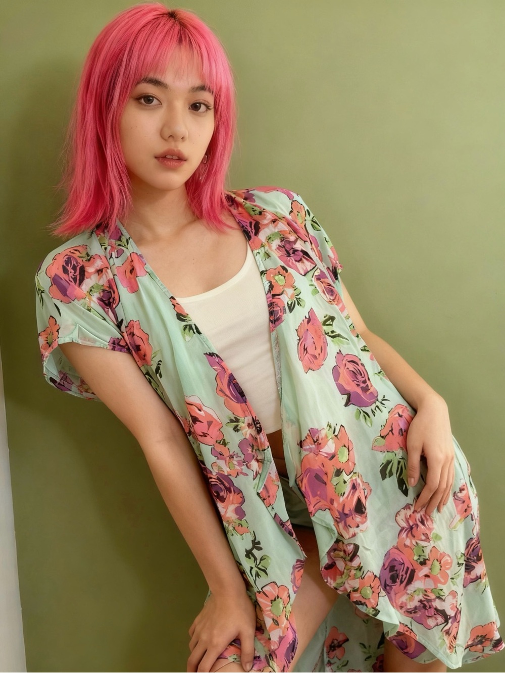 OP Mint Floral Satin Kimono Robe with Pink & Purple Blooms